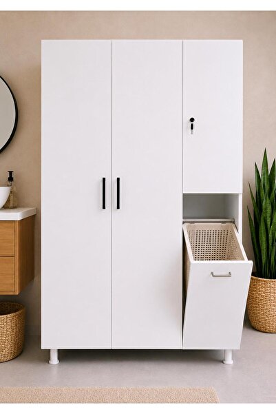 MODENZA %100 MDF Banyo Düzenleyici - Kirli Çamaşır Sepetli Banyo Dolabı - Beyaz
