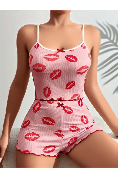 Lily Bianca Nightwear Noćna haljina od češljanog pamuka sa uzorkom usana i mi...