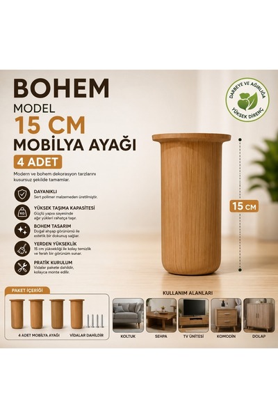 yusa stores Picior de mobilier model Bohemian 15 cm Culoare salcie Polimer du...