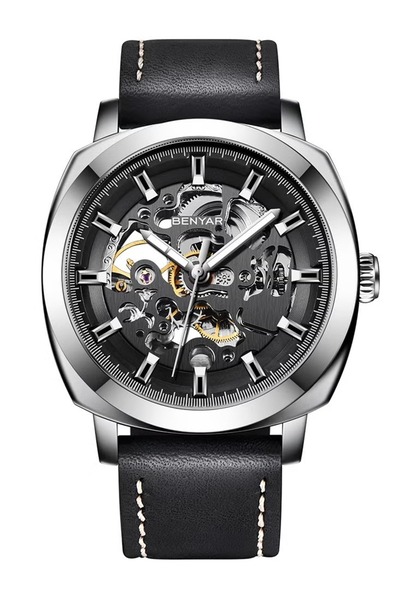 Benyar Automatic Watches for Men | Skeleton Mechanical Leather Strap Mens Wat...