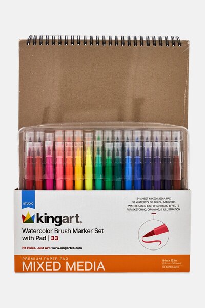 Kingart 33 Pieces Watercolor Brush Marker Set With Pad, Multicolor