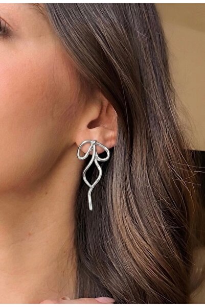 Markiz Takı Silver Color Ribbon Earrings Pair 5 cm