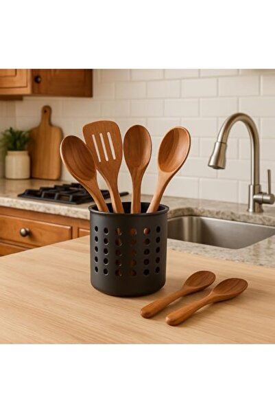 Yıldızan Tamgün Black Cylinder Plastic Spoon Holder – Modern Design, Perforat...