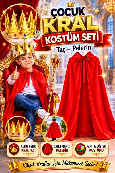 Tamsena Store 2'li Çocuk Kral Kostüm Seti – Altın Renk Taçlı Kırmızı Pelerinl...