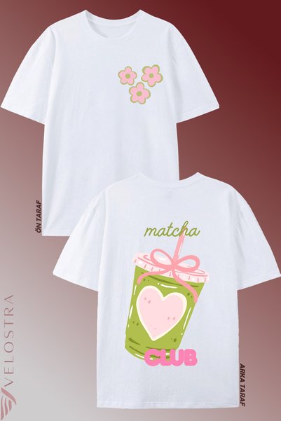 Velostra Women's Matcha Club Printed Oversize Crew Neck Cotton Casual Combed Cotton T-Shirt