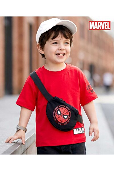 Babyhug Marvel تي شيرت تيري كنيت بأكمام نصفية واسع وفضفاض مع حقيبة عملية - أحمر