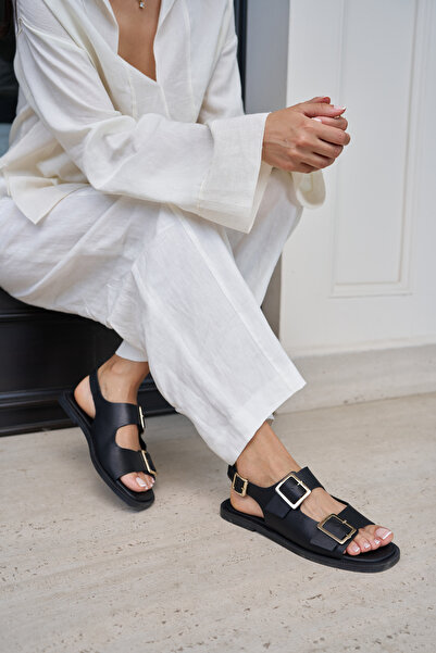 ANGELİNA JONES Lois Women's Black Double Buckle Flat Sole Sandals