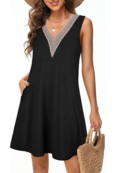 TANMOLO Women's summer dress, short casual, with V-neck, Midi Length, black 3XL,