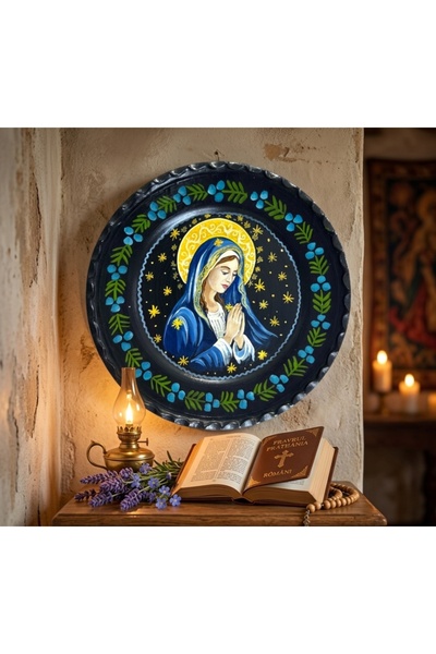 OEM Farfurie decorativa, pictura manuala, Fecioara Maria, decor pentru perete, icoana, 24 cm