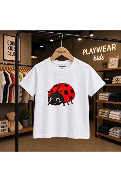 playwear Детска унисекс тениска с щампа на калинка, 100% памук, за 5-6, 7, 8-...