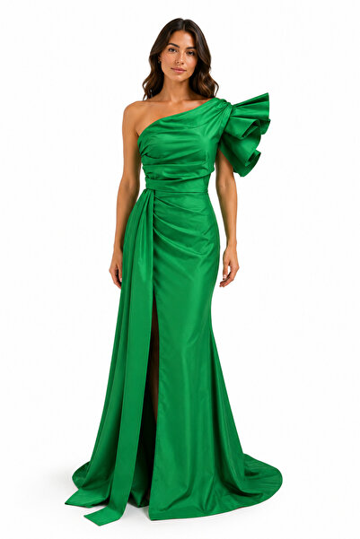 Nazzan KADIN ABİYE TEK VOLAN OMUZ YIRTMAÇLI VE KUŞAKLI ŞIK UZUN DAVET ELBİSE