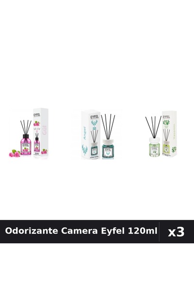 Eyfel Set 3 Odorizante Camera cu Betisoare - Angel, Iasomie, Trandafir 120ml
