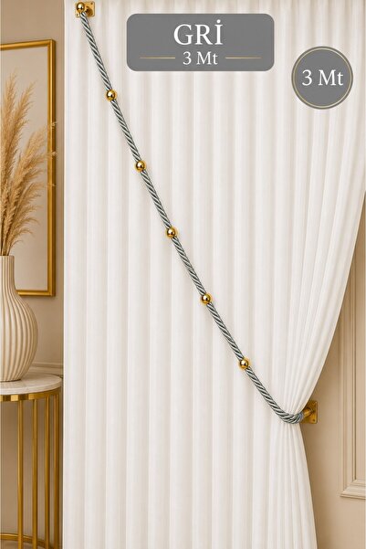 Emtory Home Gri Kruvaze Perde Tavan Korniş Bağlama Halatı - Gold Detaylı - Pe...