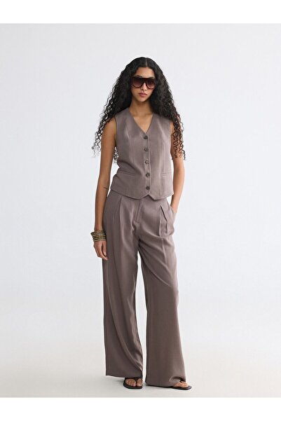LC Waikiki Xside Brown Linen Blend Pleated Women's Trousers