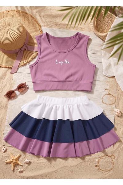 Mnk Baby&Kids Kız Çocuk Şort Etek Takım Deniz Mayosu M00822 GÜL KURUSU