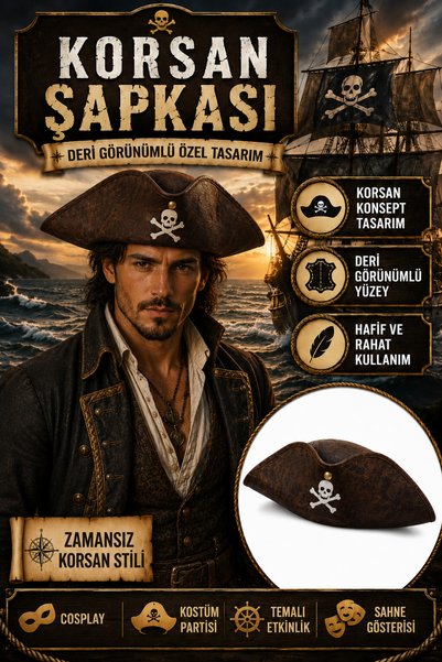 Tamsena Store Kahverengi Korsan Şapkası Deri Görünümlü Yetişkin Kostüm Şapkas...