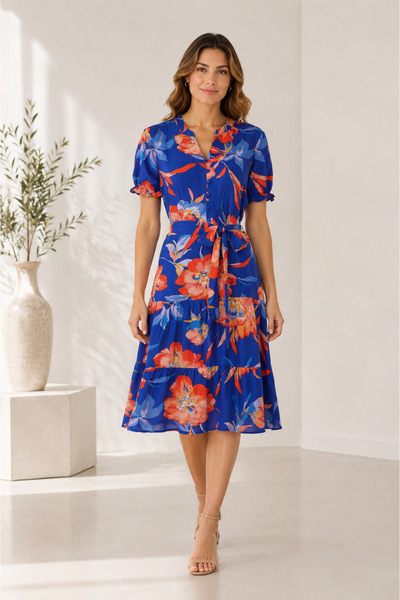 Bad Rochie dama midi florală albastră din vâscoză 100% cu 2 volane in partea ...