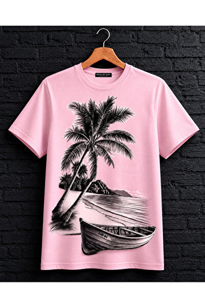 VODEXA Unisex Oversize T-Shirt with Boat Print on the Beach, 100% Cotton T-Sh...
