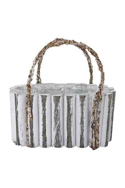 AFO Oval Wooden Basket with White Vine Handles 27cm