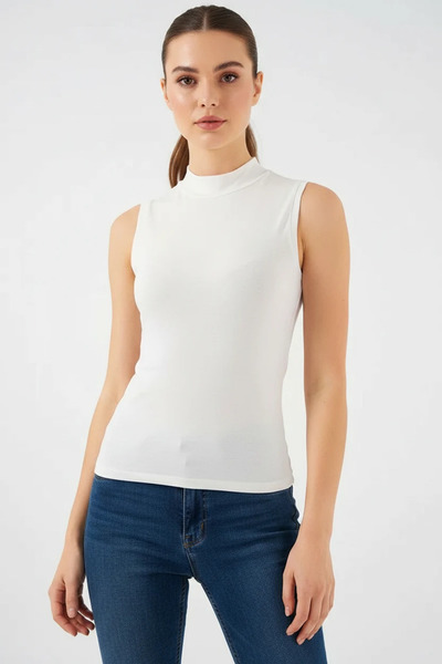 buğrahayalin Women's High Collar Sleeveless Viscose Ecru Bodysuit