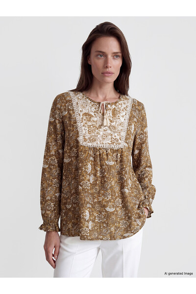 LC Waikiki Lcw Grace Green Tie Neck Patterned Blouse