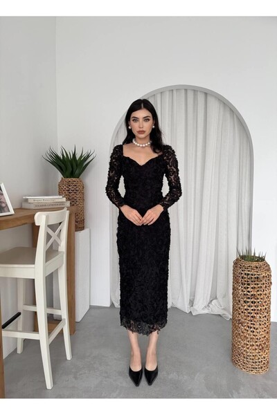 Caddebostan Moda 3D Rose Patterned Long Sleeve Square Neck Midi Evening Dress