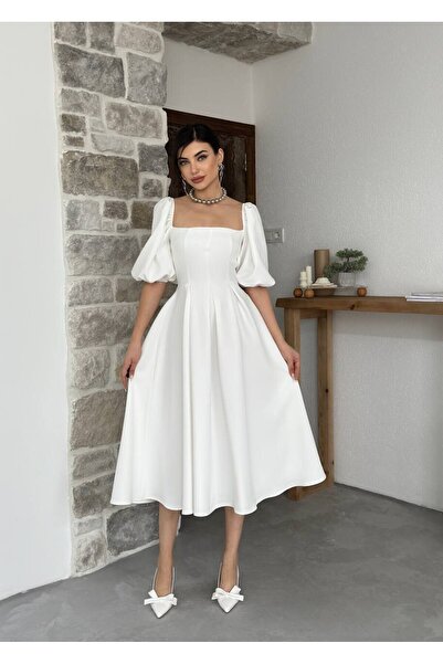 Caddebostan Moda Square Neck Balloon Sleeve Midi Dress with Bell Skirt - Styl...