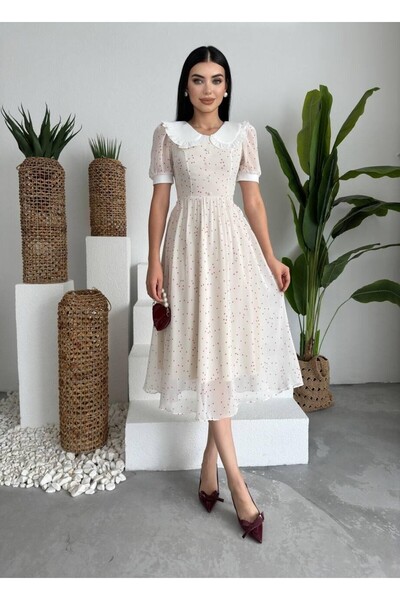 Caddebostan Moda Pearl Detailed Heart Patterned Baby Collar Chiffon Midi Dress