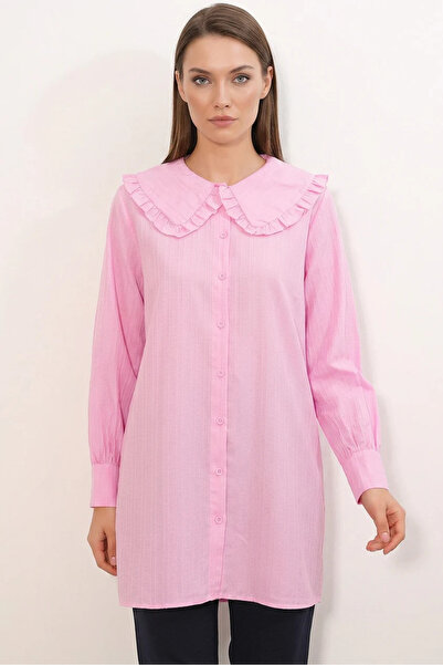 Efnaz style Women's Wide Collar Ruffle Detailed Striped Pink Tunic Shirt