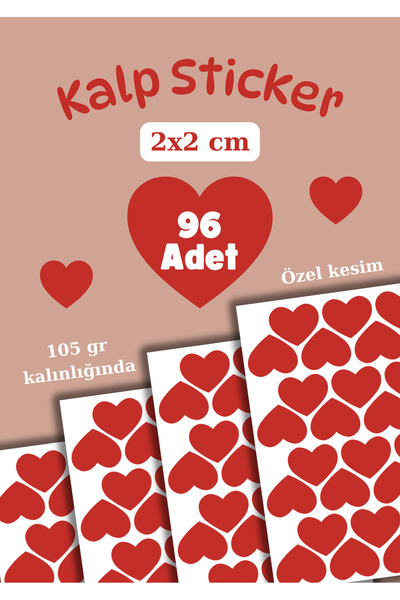 Handeto Kraft 96 Adet Kırmızı Kalpli Sticker Seti Kalp Etiket Çıkartma Scrapb...