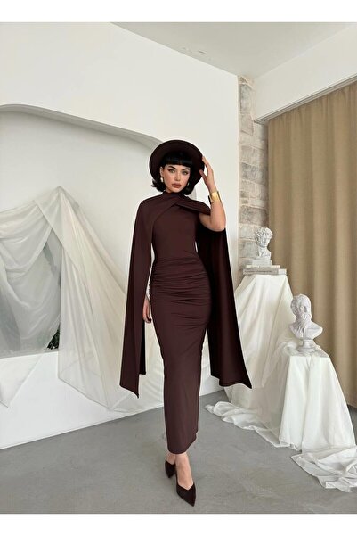 Caddebostan Moda High Collar Cape Draped Detail Midi Evening Dress