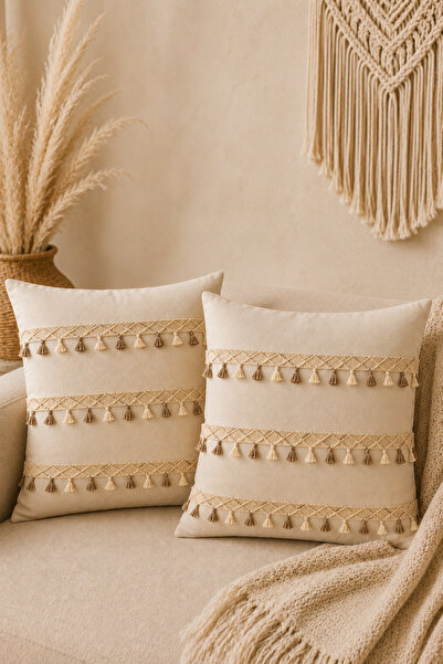 Morlay 2-Piece Natural Linen Tassel Throw Pillow Cover Bohemian Rustic Vintag...