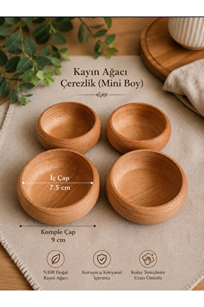 WoodBay 4-Piece Beech Wood Mini Snack Bowl, Sauce Bowl, 9 cm Handmade Wooden ...