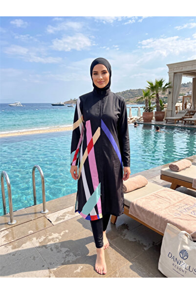 Aria's Closet Arias Closet Geometric Patterned Black Full-Covered Sporty Lycr...