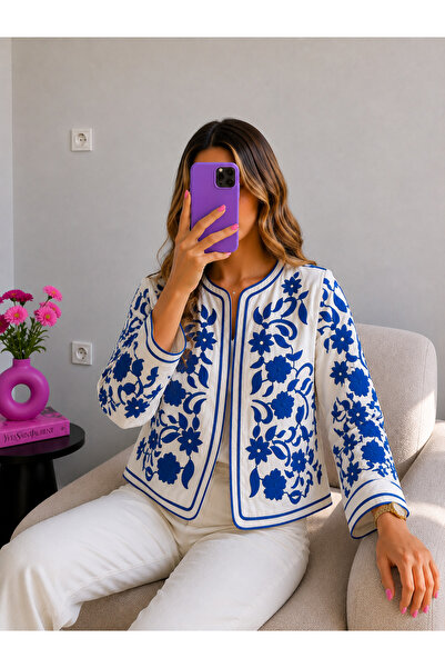 Ekim Store Mavi Beyaz Nakışlı Ceket Bluz