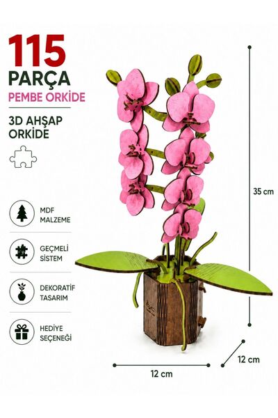 ALGWOOD Pembe Orkide 3D Ahşap Maket – Renkli MDF, 115 Parça Geçmeli Sistem De...