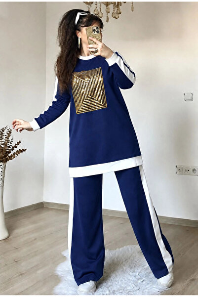 AZRA BUTİK Long Sleeve Front Square Stone Detailed Suit Navy Blue