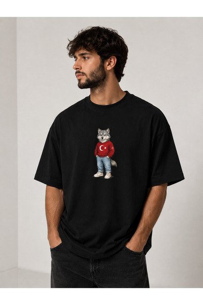 MiniHouse Tricou supradimensionat cu imprimeu Turcia, Lună, Stea și Lup
