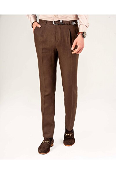 TerziAdemAltun Italian Style Slim Fit Men's Linen Trousers Brown T20040-03