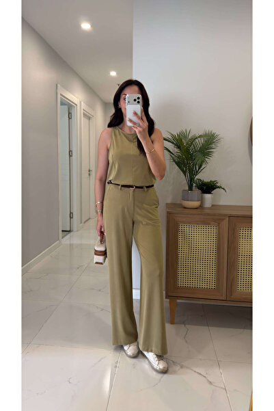 BİRCANÇİL Janly Olive Kemerli Bluz Pantolon Takım