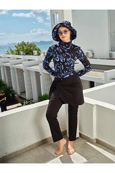 ALFASA Hooded Wrap Skirt Detailed Fully Covered Hijab Swimsuit 26670-26 Black