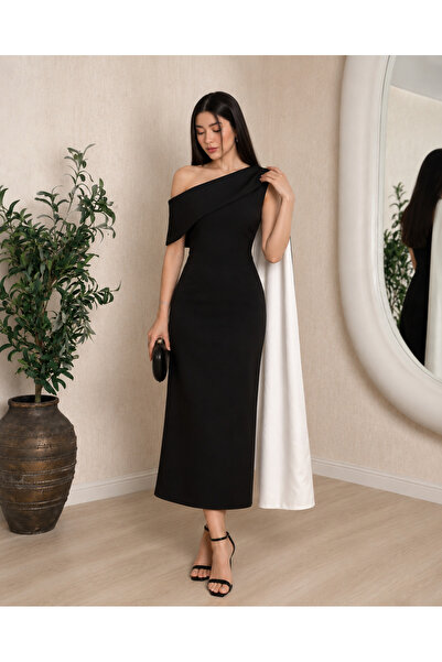 ANGELINSA Black and White Shawl Midi Dress