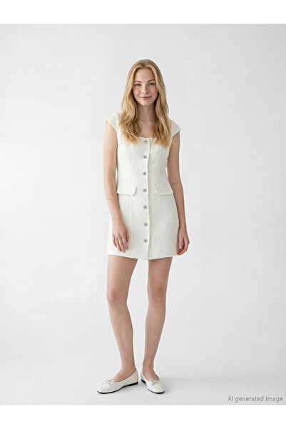 LC Waikiki White Square Collar Tweed Mini Dress