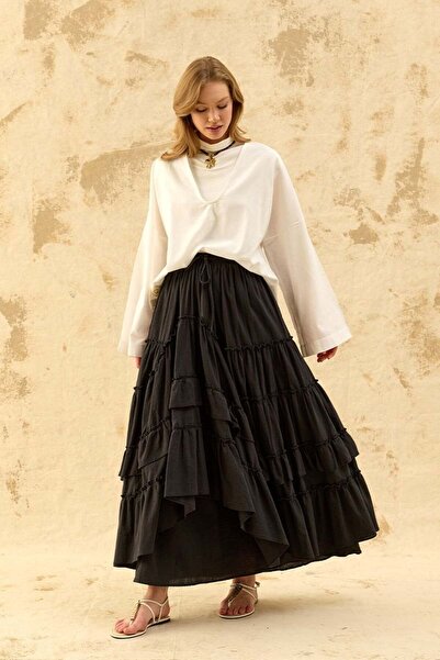 Ceylan Otantik Black Organic Linen Layered Skirt