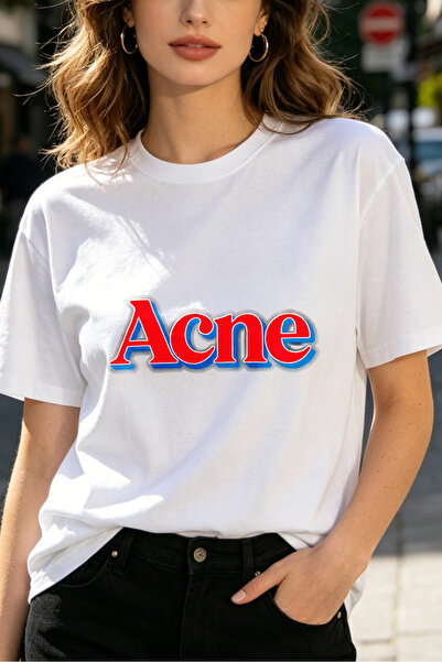Fleck Womens T Shirts Acne Logo Print Casual Streetwear Style White Basic Tee...