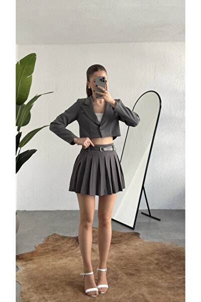 asfamoda Women's Anthracite Striped Lined Single Button Crop Jacket Belted Lined Pleated Skirt Set