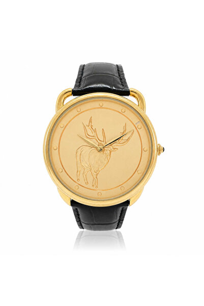 Watch Ceas elegant auriu cu cerb reliefat si curea neagra tip crocodil