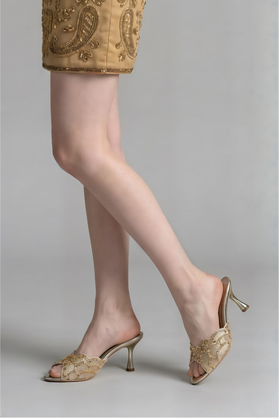 Elexus Women's Heeled Slippers with Gold Beads