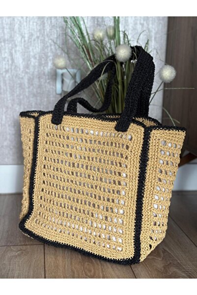 dyhandmade El Yapımı Hasır Tote Çanta – Siyah Detaylı Büyük Boy Kadın Omuz Ça...