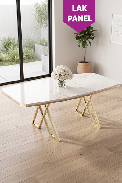 Canisa Peras Serisi 90x160 Lak Panel Beyaz Mermer Desen Gold Ayaklı Masa
